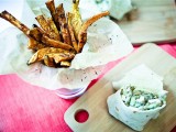 Chickenless Salad Wrap & Spicy Sweet Potato Fries