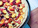 Kumquat & Rainbow Chard Stem Pizza with Cashew Hemp Cheese Sauce