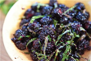 Black Eyed Pea Mole Cakes with Blackberry Mint Salsa