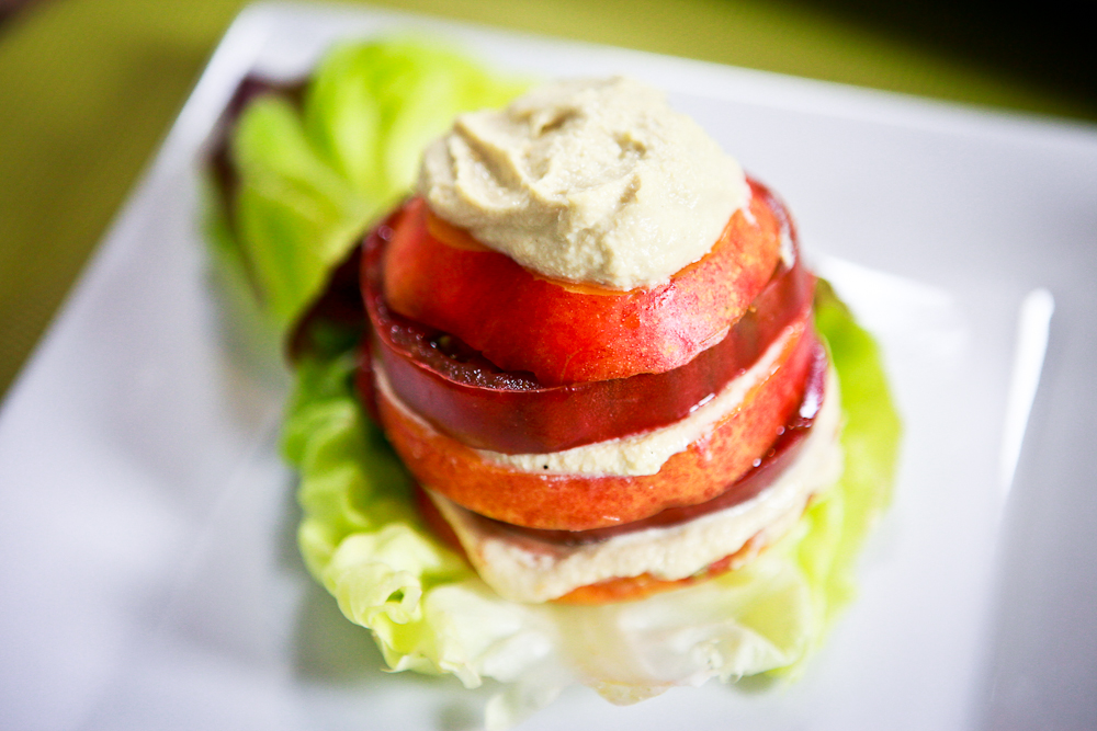 Tomato Nectarine Salad with Roasted Garlic Cashew Ricotta 3 Nectarine Tomato Salad with Roasted Garlic Cashew Ricotta and Honey Balsamic Syrup
