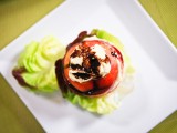Nectarine Tomato Salad with Roasted Garlic Cashew Ricotta and “Honey” Balsamic Syrup
