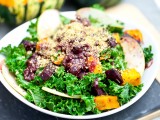 Red Kuri & Beet Kale Salad with Cranberry Orange Balsamic Dressing & Pecan Parmesan