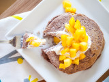 Blue Corn Pancakes with Sweet Cashew Ricotta and Mango Sauce