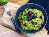 Mizuna Pesto Farrotto with Oven-Roasted Olives