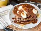 Peanut Butter Banana Pancakes with Salted Chocolate Caramel Syrup