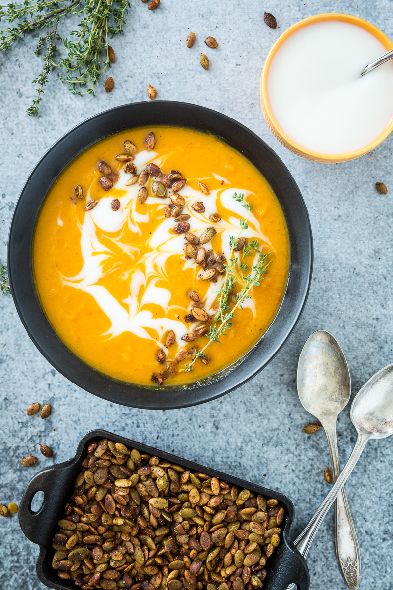 HarissaRoasted Butternut Squash Soup with Spicy Toasted Pepitas