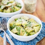 Roasted Garlic Pesto Potatoes with Arugula