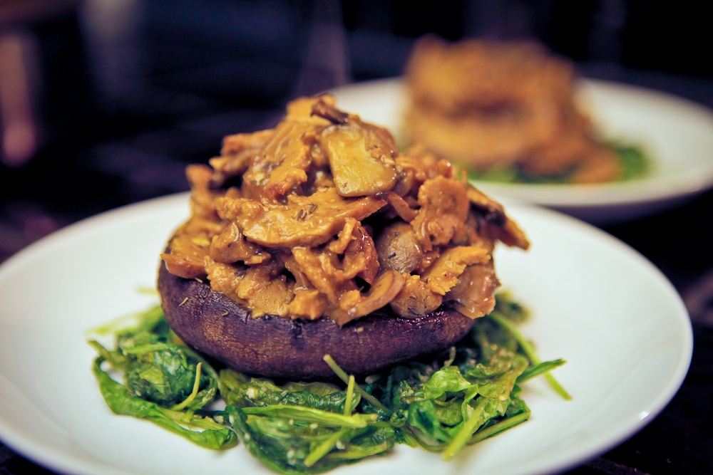 Seitan Ragout Portobello Bowls w/Garlic Arugula Nests