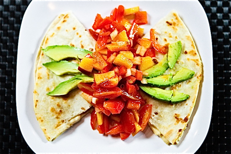 Cadry's Cauliflower Queso Quesadillas with Nectarine Bell Pepper Salsa