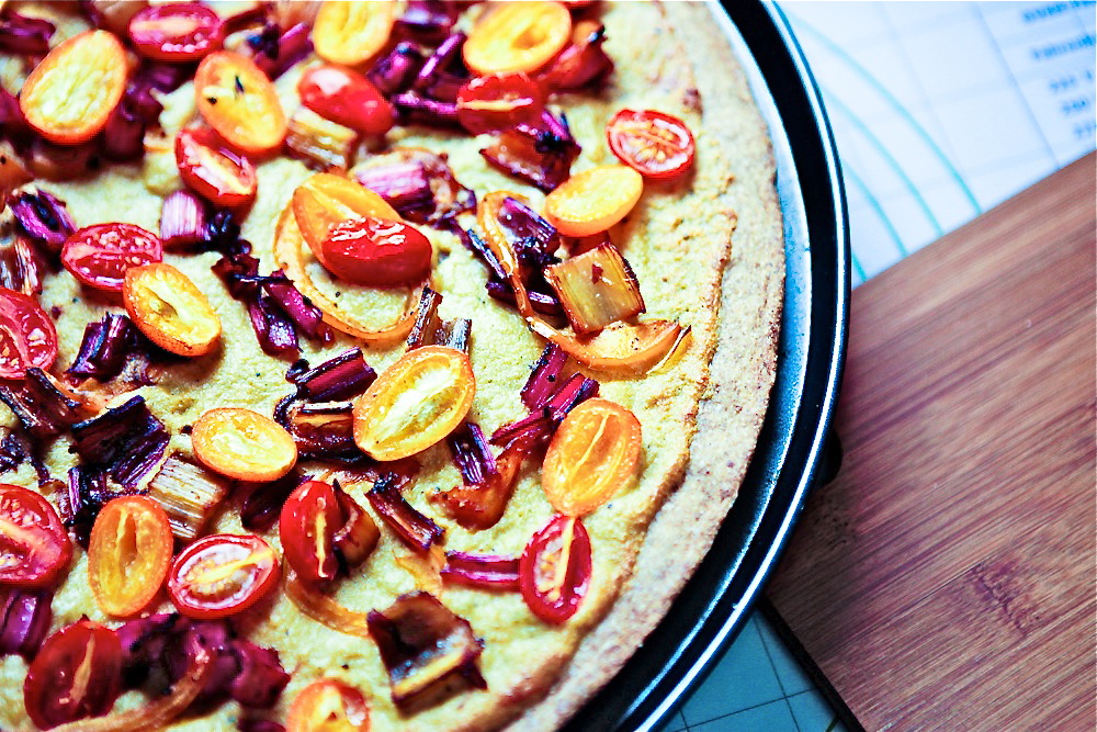 Kumquat & Rainbow Chard Stem Pizza with Cashew Hemp Cheese Sauce 