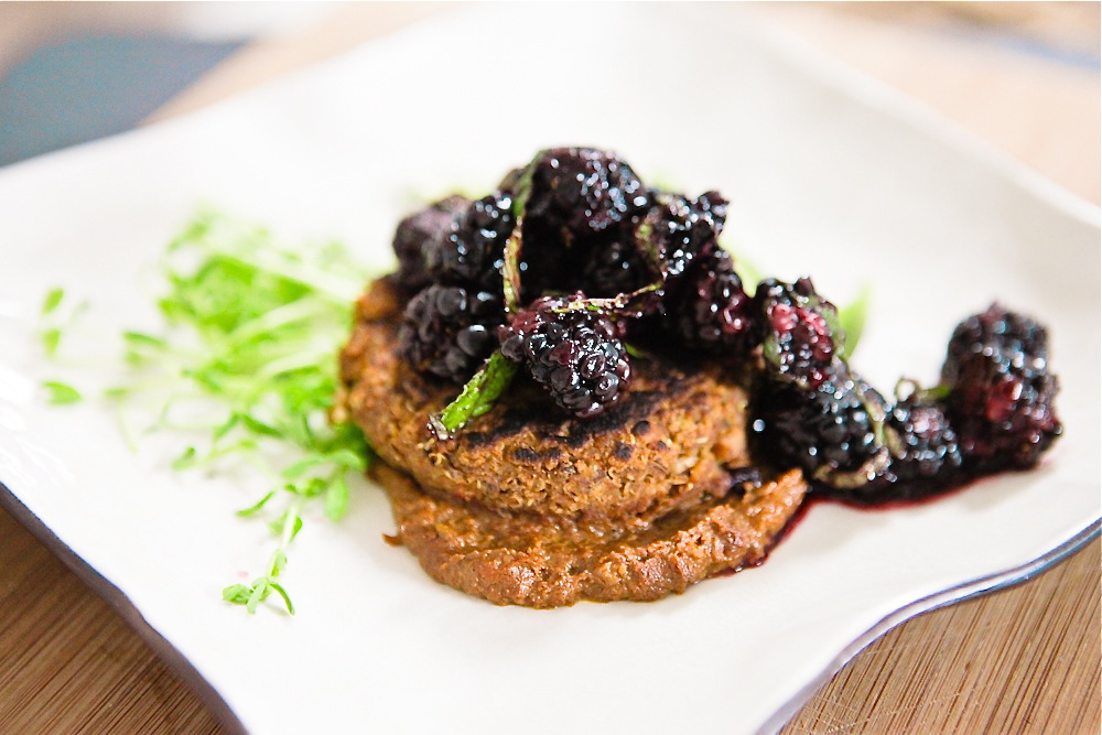 Black-Eyed Pea Mole Cakes with Blackberry Mint Salsa