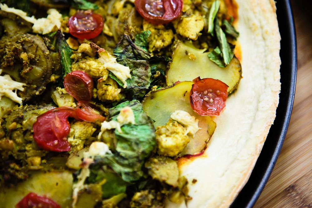 Taters 'n' Greens Tofu Scramble Pizza 