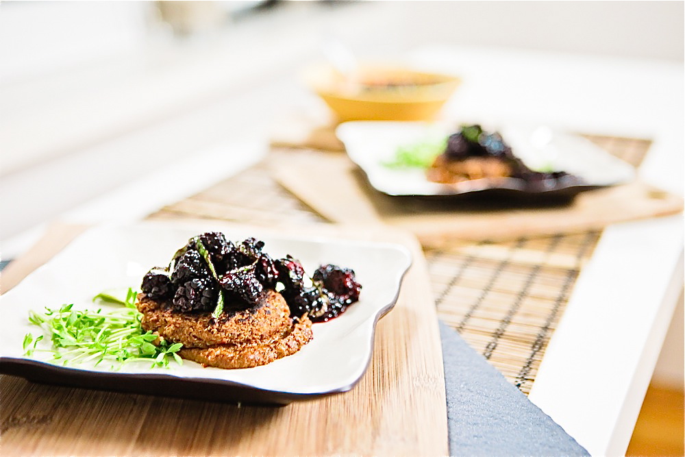 Black-Eyed Pea Mole Cakes with Blackberry Mint Salsa