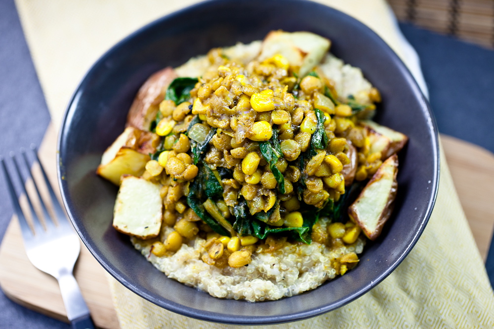 Curried Lentils, Corn, & Chard with Roasted Potatoes