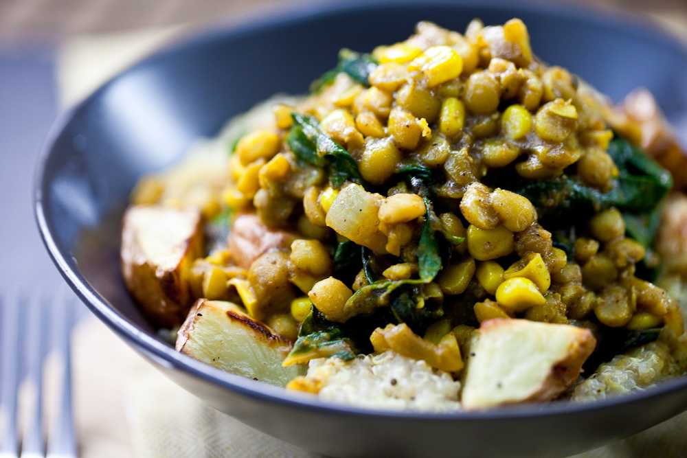 Curried Lentils, Corn, & Chard with Roasted Potatoes