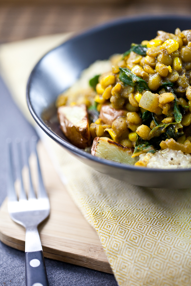 Curried Lentils, Corn, & Chard with Roasted Potatoes - Keepin' It Kind