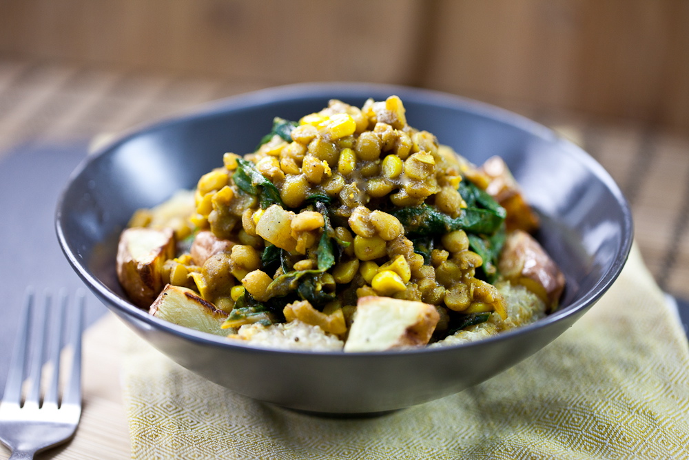 Curried Lentils, Corn, & Chard with Roasted Potatoes