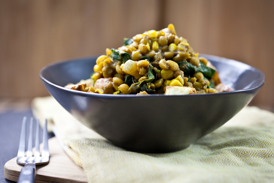 Curried Lentils, Corn, & Chard with Roasted Potatoes