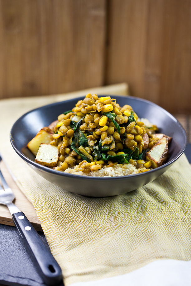 Curried Lentils, Corn, & Chard with Roasted Potatoes