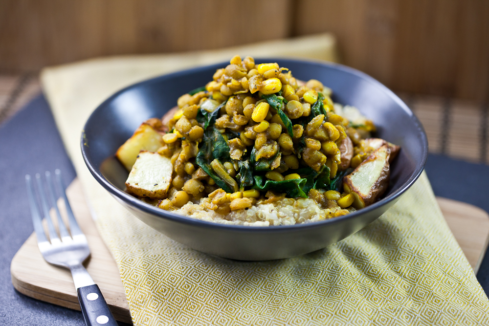 Curried Lentils, Corn, & Chard with Roasted Potatoes - Keepin' It Kind