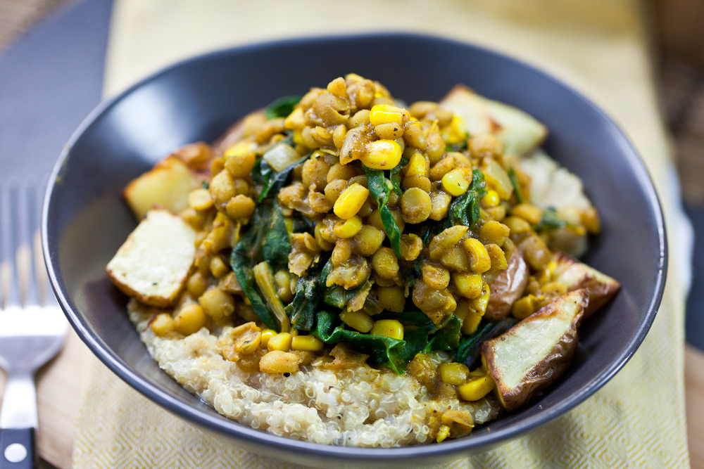 Curried Lentils, Corn, & Chard with Roasted Potatoes