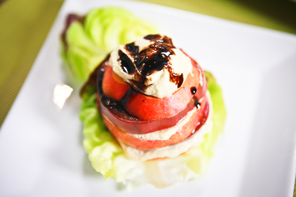 Nectarine Tomato Salad with Roasted Garlic Cashew Ricotta and “Honey” Balsamic Syrup