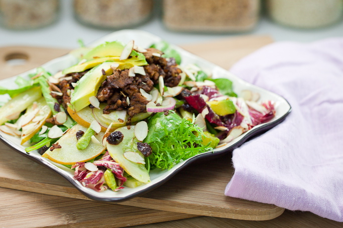 Asian Pear Salad & Lemon Cucumber Salad with Rosemary Molasses Tempeh Bits