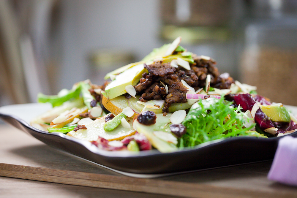 Asian Pear Salad & Lemon Cucumber Salad with Rosemary Molasses Tempeh Bits