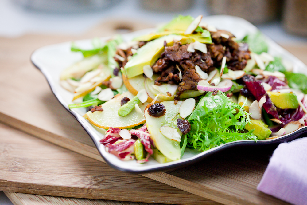 Asian Pear Salad & Lemon Cucumber Salad with Rosemary Molasses Tempeh Bits