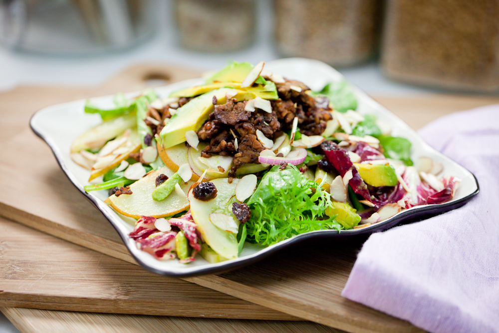 Asian Pear Salad & Lemon Cucumber Salad with Rosemary Molasses Tempeh Bits