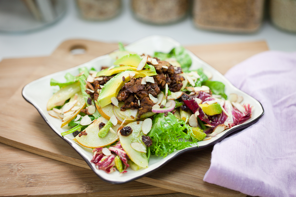 Asian Pear Salad & Lemon Cucumber Salad with Rosemary Molasses Tempeh Bits