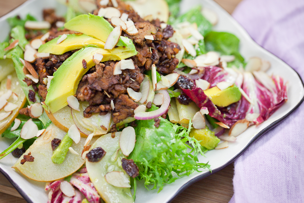 Asian Pear Salad & Lemon Cucumber Salad with Rosemary Molasses Tempeh Bits