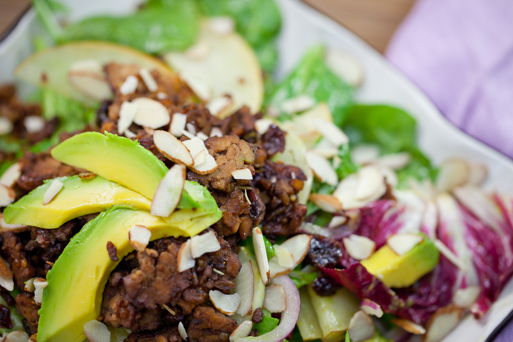 Asian Pear Salad & Lemon Cucumber Salad with Rosemary Molasses Tempeh Bits