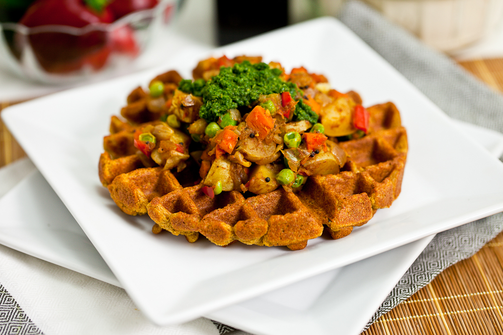 Chana Masala Waffles with Samosa Potatoes and Cilantro Mint Chutney