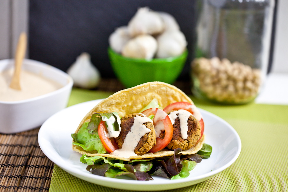 Falafel Tacos with Sriracha Tahini Sauce