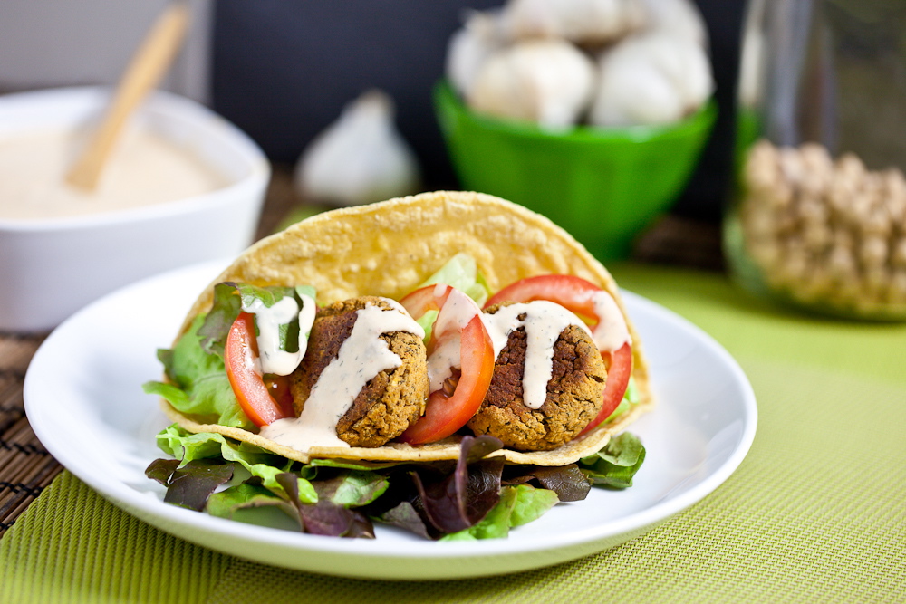 Falafel Tacos with Sriracha Tahini Sauce