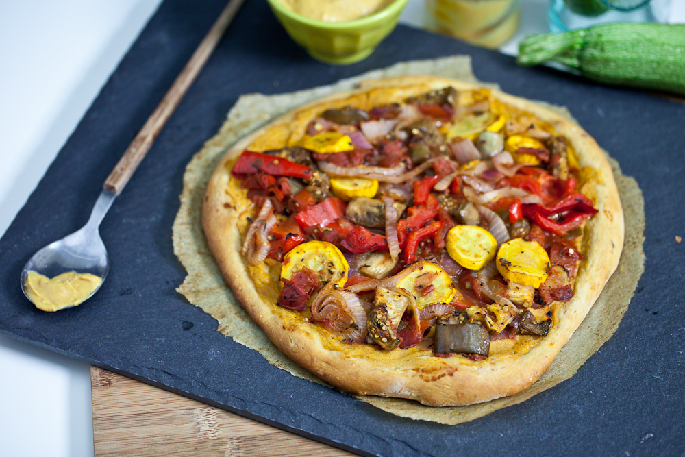 Roasted Ratatouille Pizza with Chickpea Cheese Sauce 