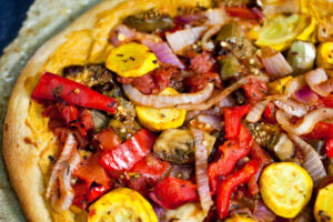 pizza ratatouille chickpea roasted sauce cheese