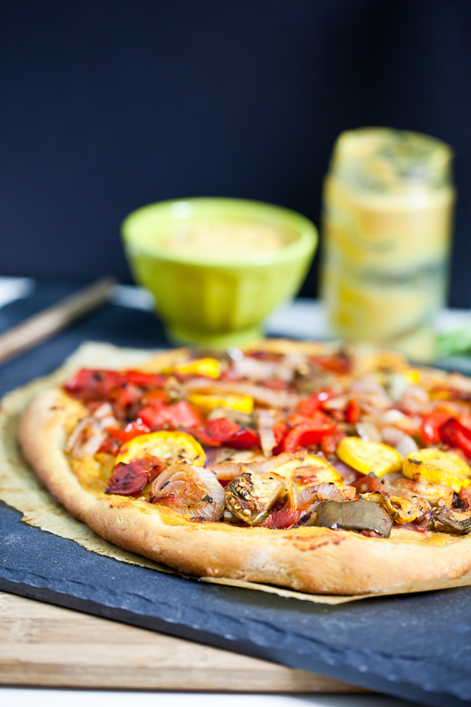 Roasted Ratatouille Pizza with Chickpea Cheese Sauce 