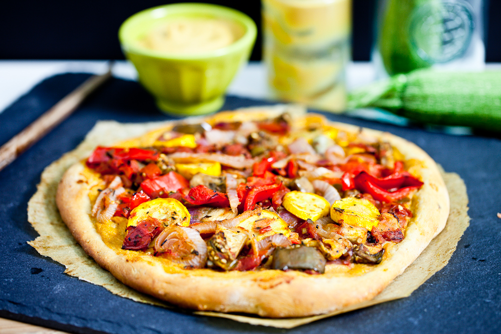 Roasted Ratatouille Pizza with Chickpea Cheese Sauce 