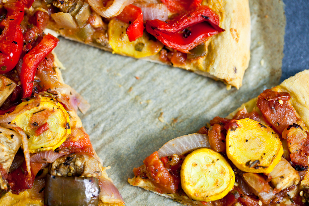 Roasted Ratatouille Pizza with Chickpea Cheese Sauce 