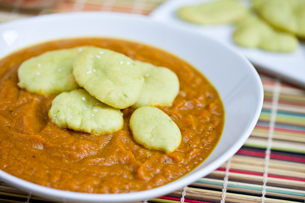 Curried Acorn Carrot Soup with Avocado Naan “Croutons”