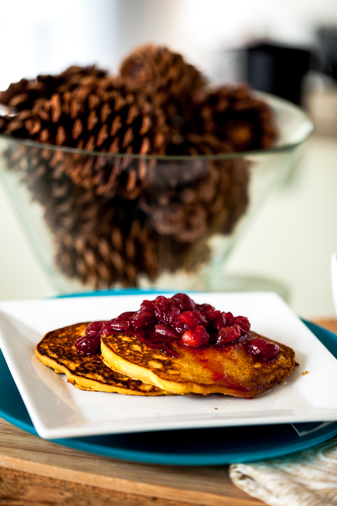 Persimmon Cornmeal Pancakes with Maple Cranberry Sauce