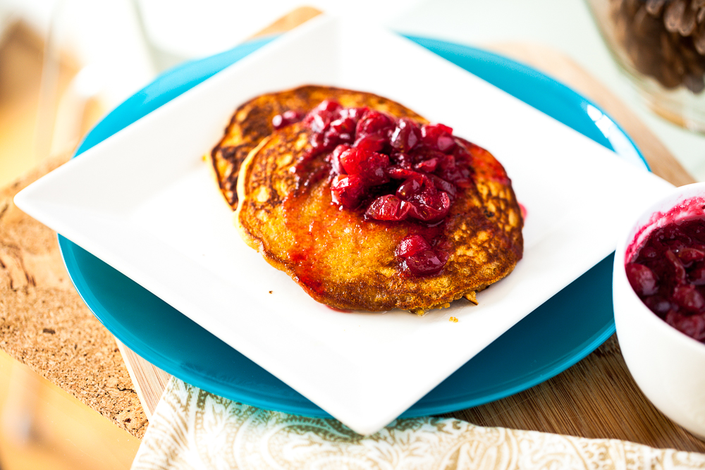 Persimmon Cornmeal Pancakes with Maple Cranberry Sauce 