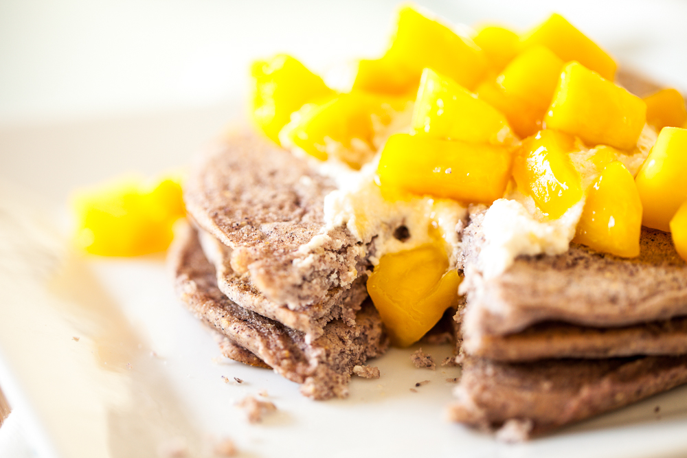 Blue Corn Pancakes w/Cashew Ricotta & Mango Sauce 2