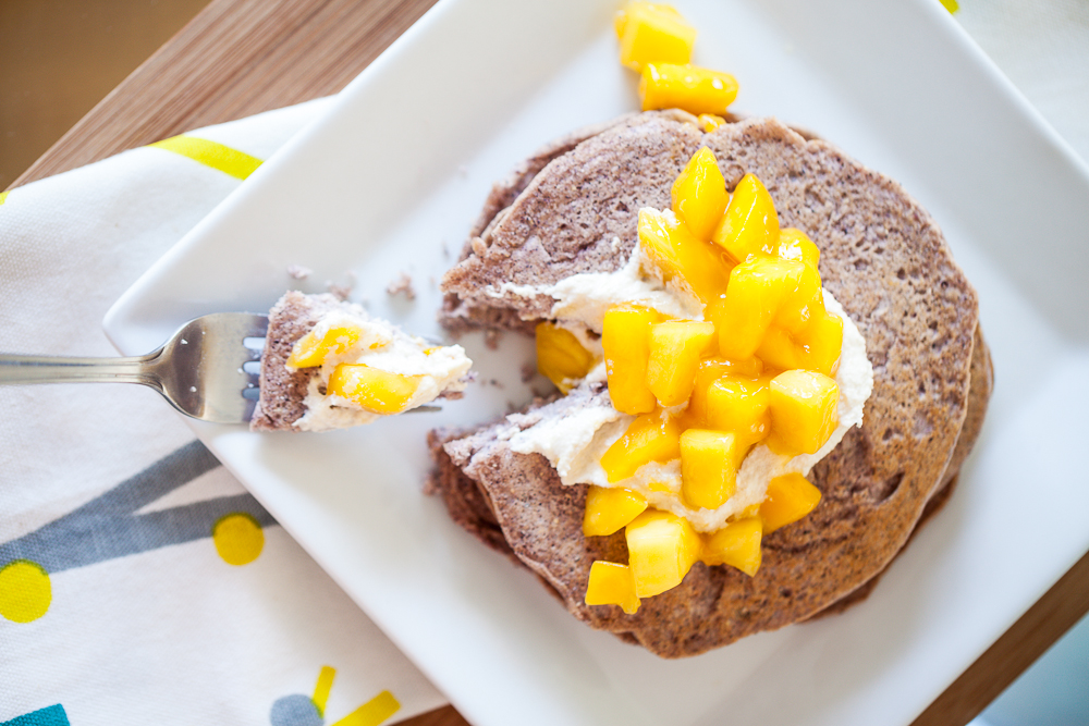 Blue Corn Pancakes w/Cashew Ricotta & Mango Sauce 1