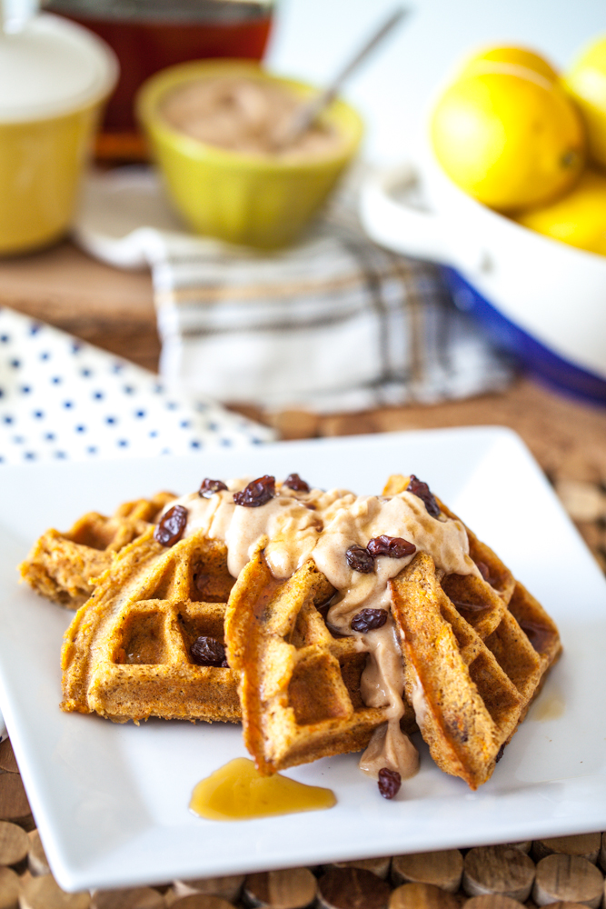 Carrot Cake Waffles with Cinnamon Maple Cream Cheese Spread