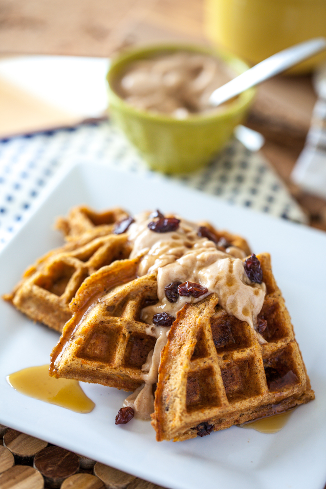 Carrot Cake Waffles with Cinnamon Maple Cream Cheese Spread