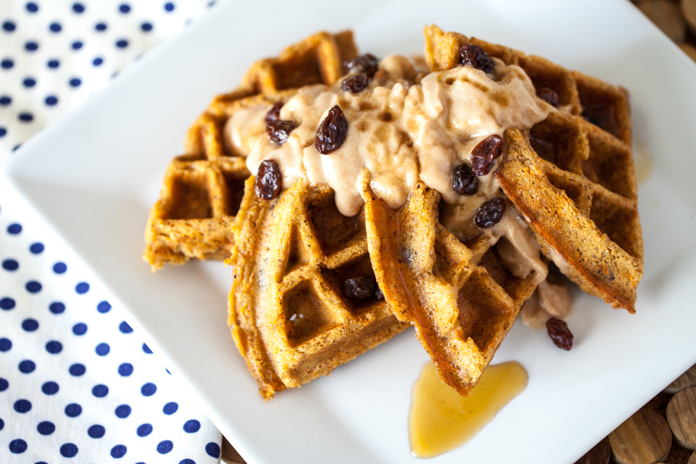 Carrot Cake Waffles with Cinnamon Maple Cream Cheese Spread