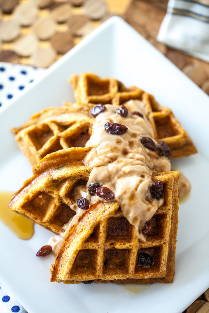 Carrot Cake Waffles with Cinnamon Maple Cream Cheese Spread